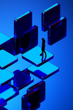 3D floating screen path with silhouette in blue matrix