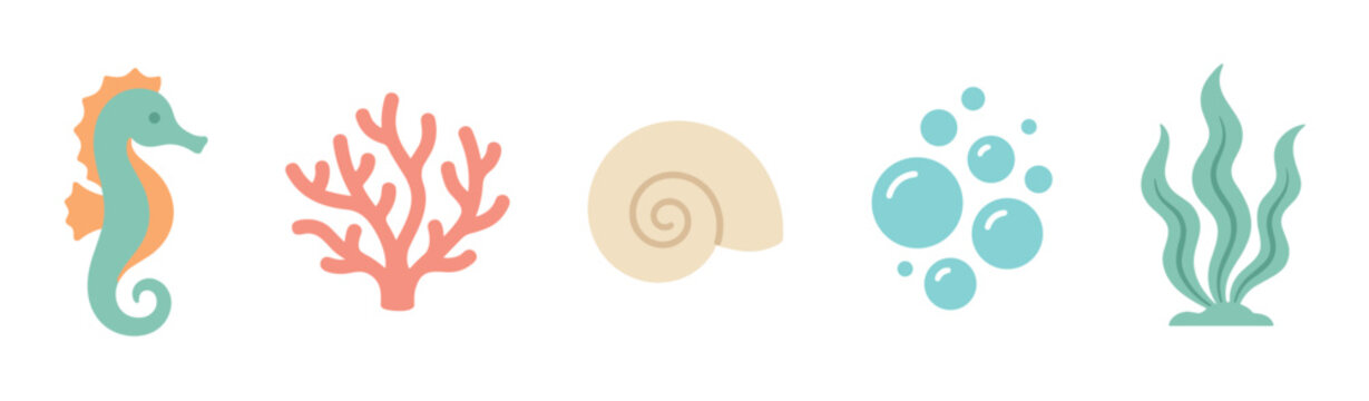 Various colorful flat design marine life elements collection featuring a seahorse, coral, seashell, bubbles, and seaweed in a simple illustration style.