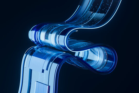 3D transparent data loop with glowing fluid tunnel form