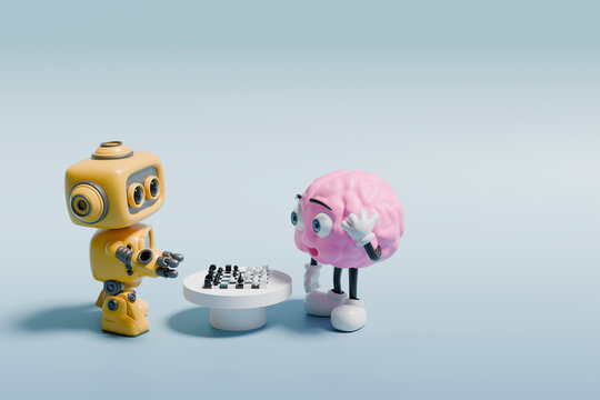 3D robot brain strategy with chess game and playful duel
