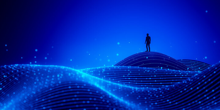 3D luminous data ridge with silhouette above flowing line