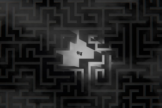 3D maze escape void with lone silhouette in dark space