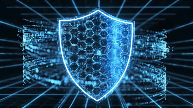 Cyber security shield icon glowing with blue digital light and data connections on dark background high quality video footage protection network firewall privacy safety encryption guard