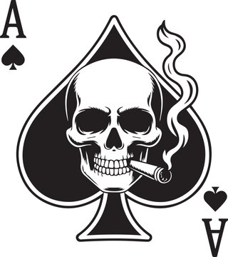 Black ace of spades playing card with smoking skull holding cigar in mouth featuring bold graphic design isolated on white background vector