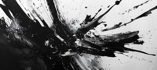 Gordijnen Abstracte kunst Black paint splatters on white background creating abstract art piece with dynamic brushstrokes and expressive movement.  © ATif