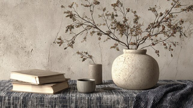 Earth toned still life composition features ceramic vessels and dried botanicals against a textured wall