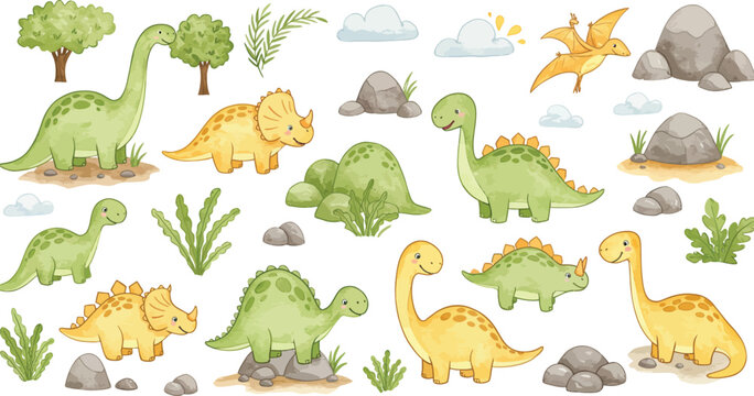 A colorful illustration of various dinosaurs and plants in a prehistoric landscape with rocks and clouds