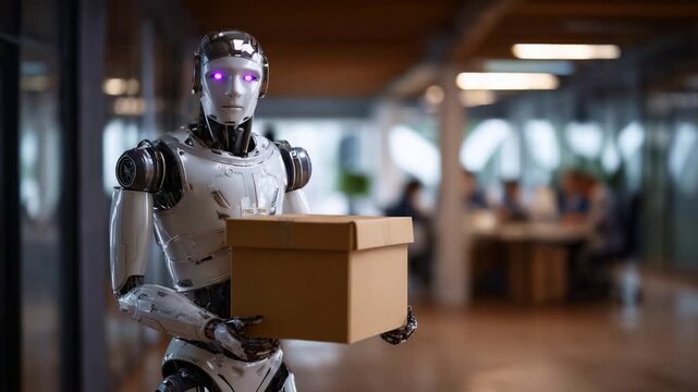 A humanoid robot stands in an office environment, holding a cardboard box while showcasing advanced technology and artificial intelligence in a modern workspace.