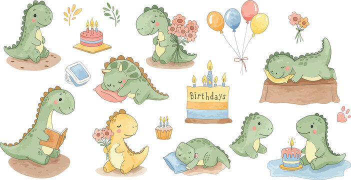 Whimsical illustration of various green dinosaurs celebrating a birthday with cakes and balloons in a playful scene