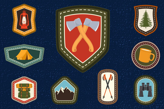 Hiking badges set, retro vintage outdoor adventure patches with mountains, camping gear and travel elements. Vector
