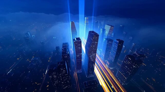 Futuristic cityscape with illuminated skyscrapers