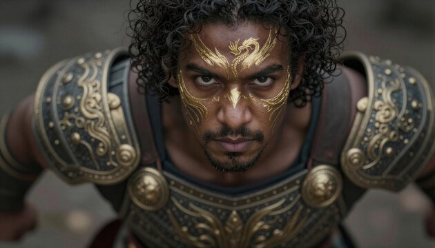 Retrato de un guerrero con armadura dorada y pintura facial de drag&oacute;n.
