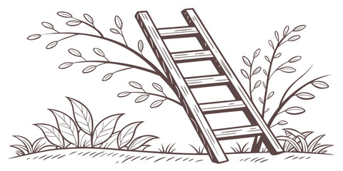 A vintage illustration of a wooden ladder leaning against a tree © AG