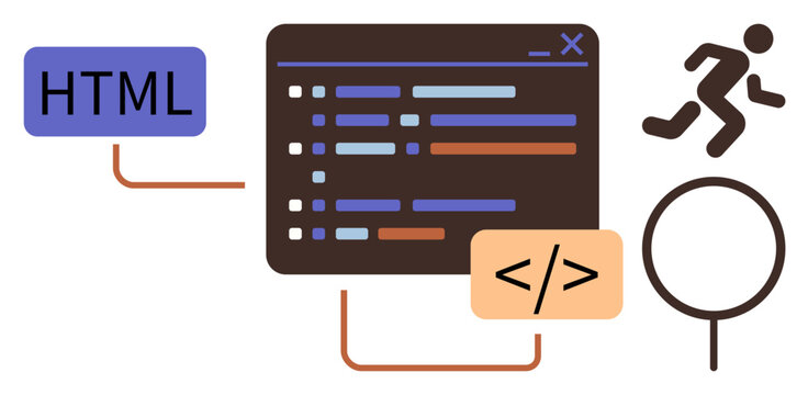 Web development, coding education, programming skills, technology, digital search, online learning. Graphic of a code editor with HTML tag, code symbols a search icon and a running figure. Web