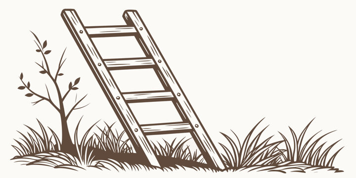 A wooden ladder leaning against a grassy hillside with wildflowers nearby