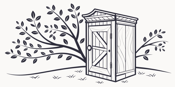 A wooden shed with a double door standing in a garden with a tree behind it