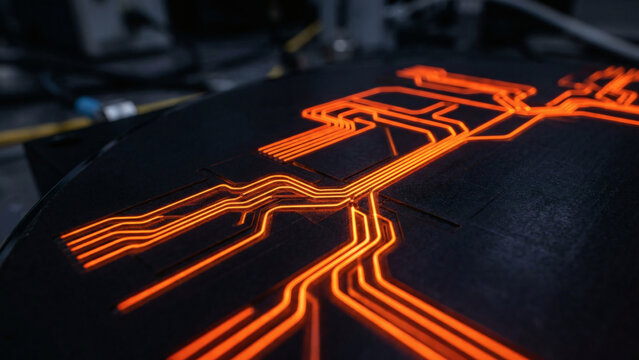 Macro of a dark surface with glowing neon orange photonic circuit pathways