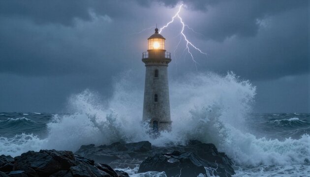 Un faro imponente desaf&iacute;a la furia de una tormenta marina.