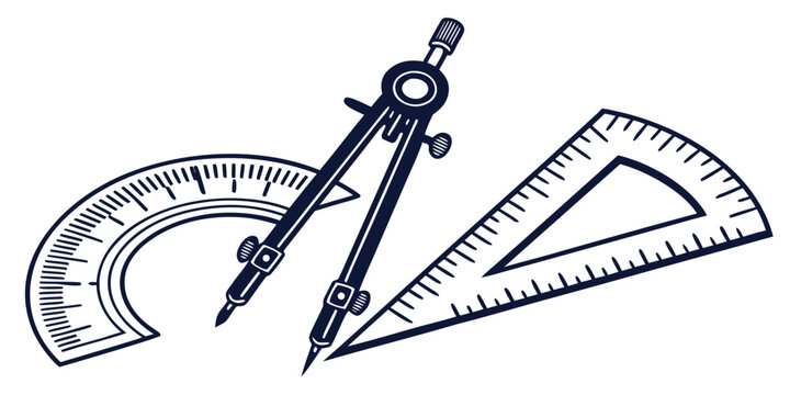 A set of three geometric drawing tools including a protractor, a compass, and a set square.