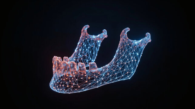 Cybernetic human mandible jawbone constructed from glowing blue and orange digital data network lines