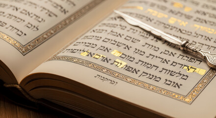 Naklejka premium Close up of open haggadah book with gold leaf hebrew calligraphy and ornate silver pointer on textured pages for traditional passover seder ceremony.