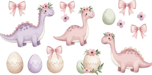 Obraz premium Adorable pink and purple dinosaurs with bows and eggs on white background for kids