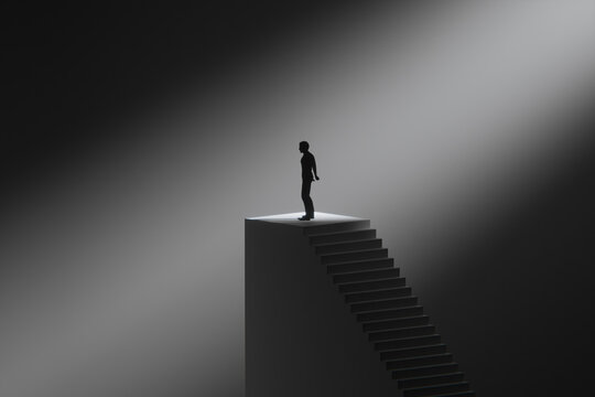 3D stair light threshold with silhouette on elevated platform