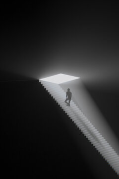 3D stairway void ascent with silhouette in radiant beam