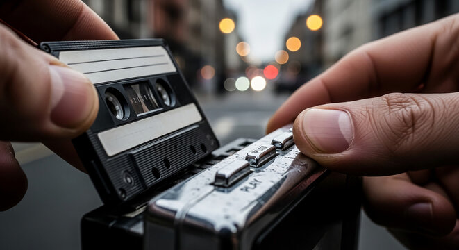 Man inserting cassette tape into vintage player on city street