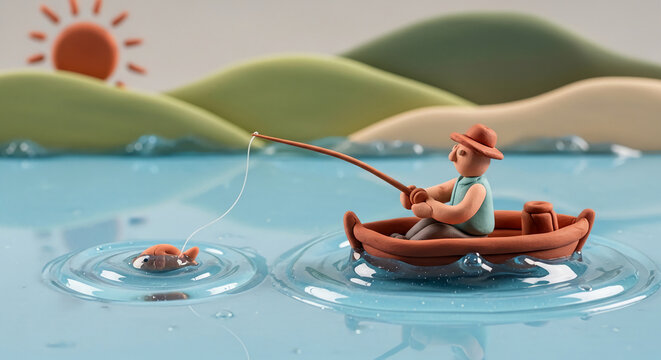 Plasticine fisherman in boat catching fish on calm lake