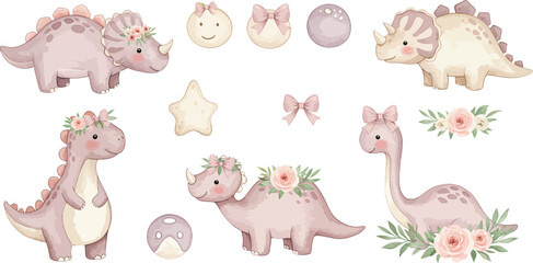Obraz premium Whimsical illustration of pastel colored dinosaurs and eggs with flowers