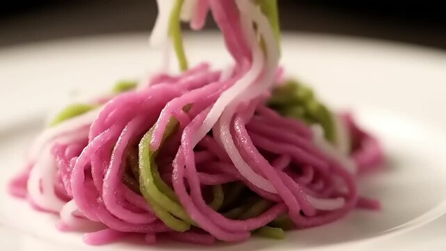Pink noodles on a white plate.