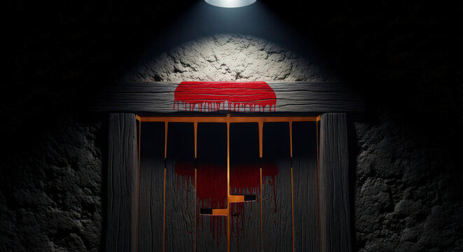 Rustic wooden door frame marked with red paint or blood dripping down lintel under single spotlight in dark stone interior during passover ritual.