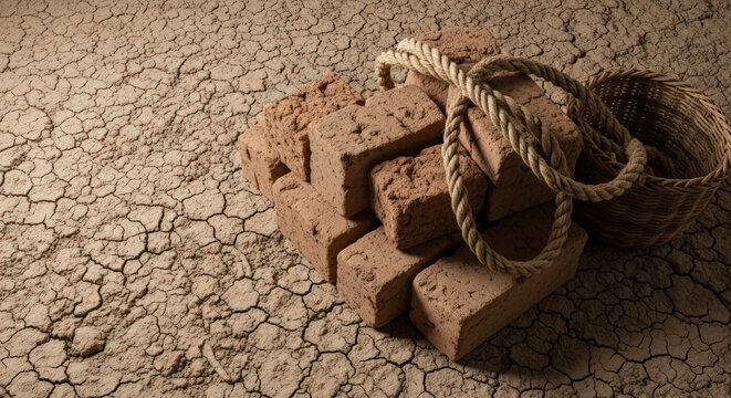 Stack of handmade mud bricks with rope and wicker basket resting on parched cracked earth ground under harsh sunlight in dry industrial environment.