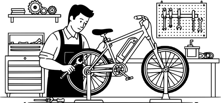 Electric bicycle mechanic man repairing e-bike in workshop vector icon
