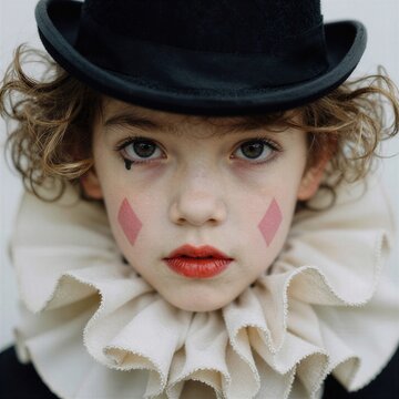 Retrato de un ni&ntilde;o con maquillaje de arlequ&iacute;n y expresi&oacute;n melanc&oacute;lica.