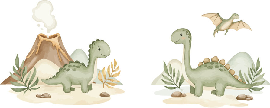 Two friendly green dinosaurs and a pterodactyl in a prehistoric landscape with volcano and plants