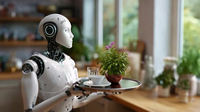 A futuristic robot serving tea and a potted plant on a tray, showcasing advanced automation in modern kitchen design and the merging of technology with daily life.