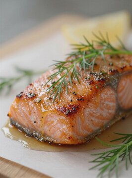 Un jugoso filete de salm&oacute;n a la plancha, adornado con eneldo fresco y una rodaja de lim&oacute;n.
