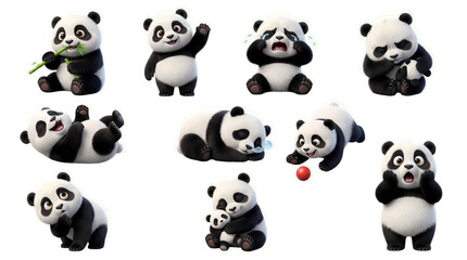 Obraz premium Cute 3D Panda Character Pose Set with Bamboo Isolated on Transparent