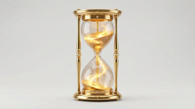 Luxury golden hourglass with glowing magical sand in ornate frame, oriental time concept, destiny and eternal flow