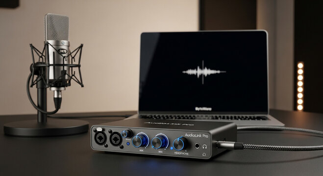 Sound Recording Setup: A professional sound recording setup featuring a modern microphone, audio interface and a laptop, this scene is all set for capturing high-quality audio recordings.