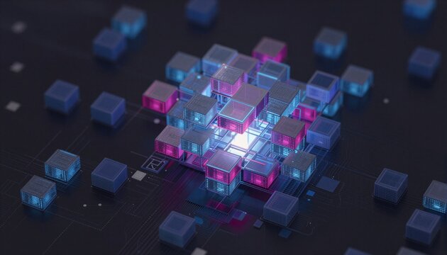 Una representaci&oacute;n abstracta de un n&uacute;cleo de procesamiento digital con cubos luminiscentes.