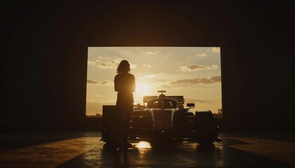 Obraz premium Una silueta de una persona de pie frente a un coche de carreras al atardecer.