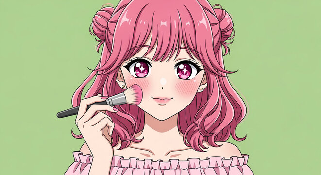 Anime girl with pink hair applying blush with makeup brush