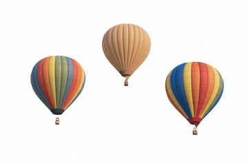 Naklejka premium Three hot air balloons one tan two striped with blue yellow red orange and green against a white sky
