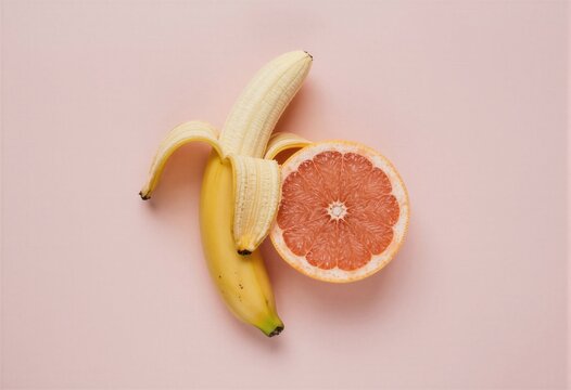 Una fotograf&iacute;a de una banana parcialmente pelada junto a una rodaja de pomelo.