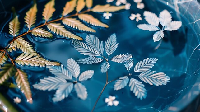 Delicate silver fern leaves float on rippling blue water with a few small white flowers scattered around them