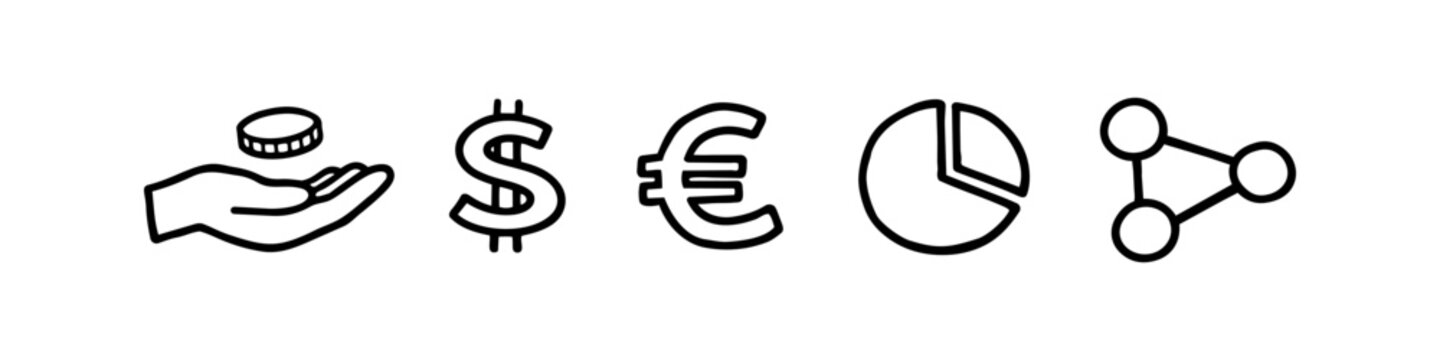 Set of black and white finance and business line icons including dollar sign, euro symbol, pie chart, networking node, and a hand with a coin. Minimalist hand-drawn vector graphics.