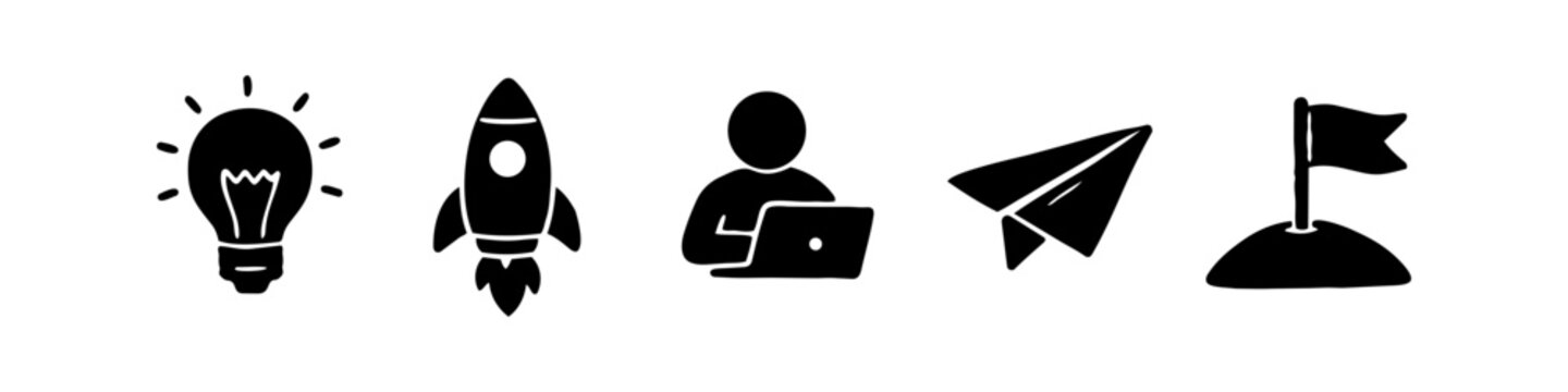 Set of black silhouette business startup icons including light bulb, rocket ship, person with laptop, paper plane, and flag. Minimalist symbols for innovation, growth, and achievement.
